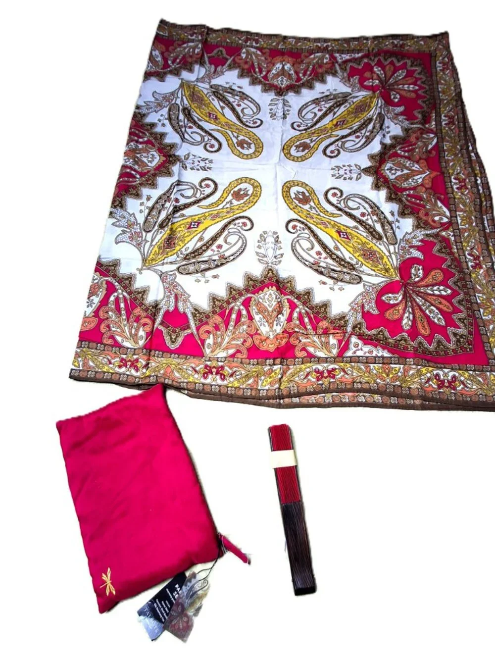 TALBOTS Paisley Pareo 3-Pc Set Swim Cover-up, Fan & Cosmetic Bag Fuschia/White